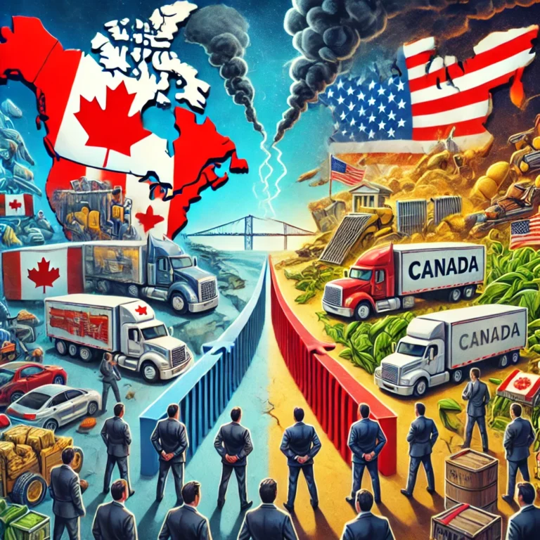 DALL·E 2025-02-03 09.41.38 - An illustration representing a tariff war between Canada and the USA. The scene features a map of North America, with Canada on the left and the USA o