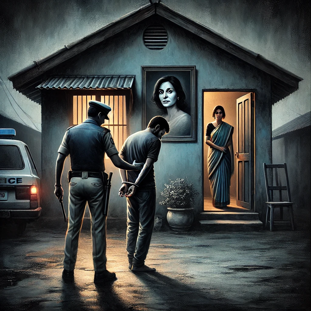DALL·E 2025 02 03 10.34.48 A somber scene depicting a police officer arresting a man outside a house with a dark and emotional atmosphere. The background should show a modest h