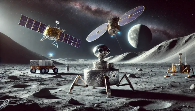 DALL·E 2025-02-04 22.25.27 - A futuristic lunar mission concept showing China's Chang'e-7 spacecraft on the Moon's south pole. The image features an orbiter in the background, a l