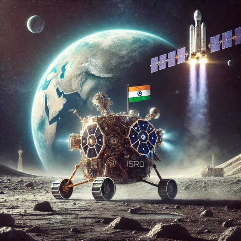 DALL·E 2025-02-07 23.24.53 - A futuristic depiction of India's Chandrayaan-4 mission in 2027. The image shows a spacecraft landing on the Moon's surface, equipped with robotic arm