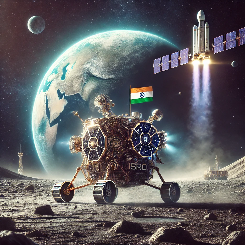DALL·E 2025 02 07 23.24.53 A futuristic depiction of Indias Chandrayaan 4 mission in 2027. The image shows a spacecraft landing on the Moons surface equipped with robotic arm
