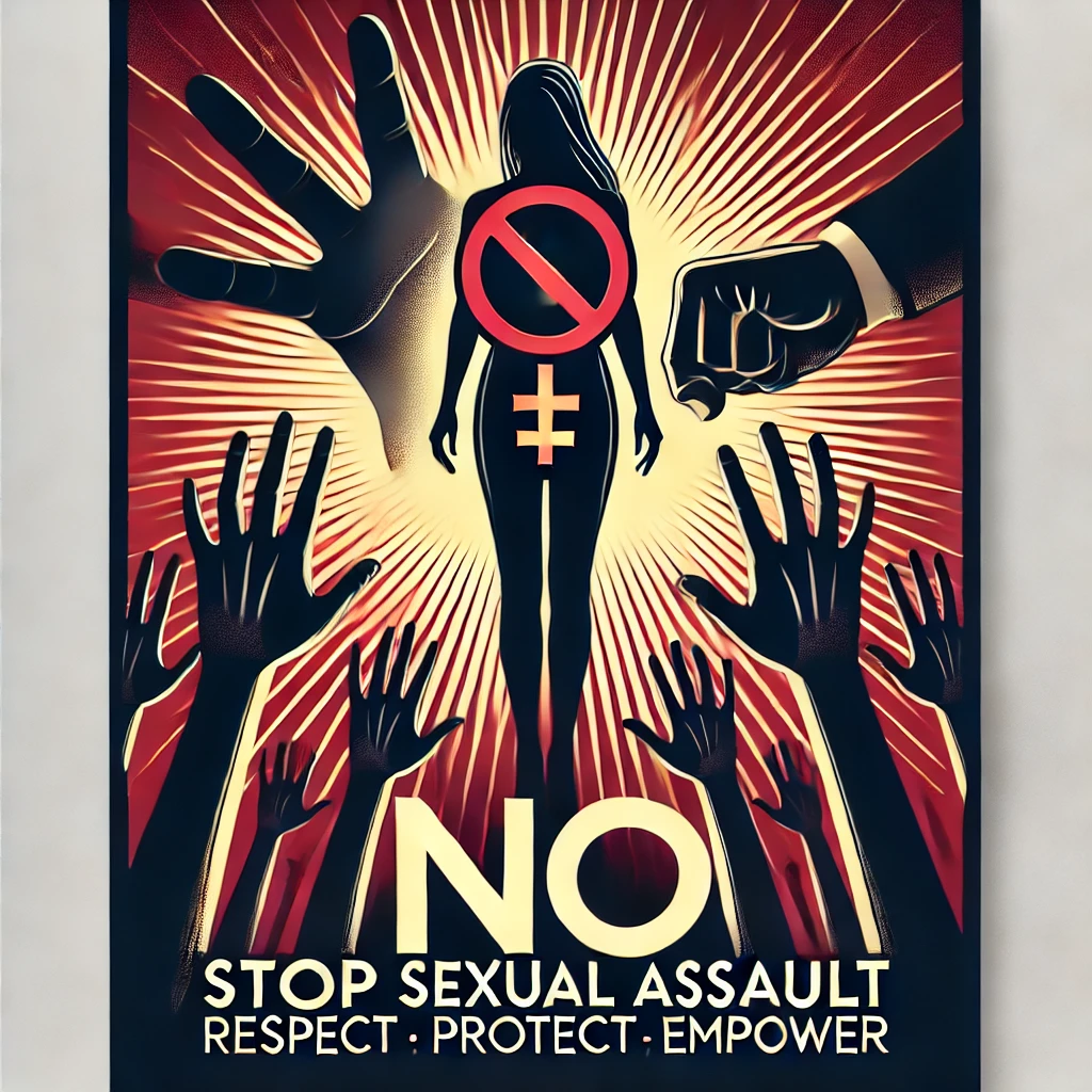 DALL·E 2025 02 07 23.47.32 A powerful awareness poster against sexual assault on women. The poster features a strong visual message a womans silhouette standing tall with a pr