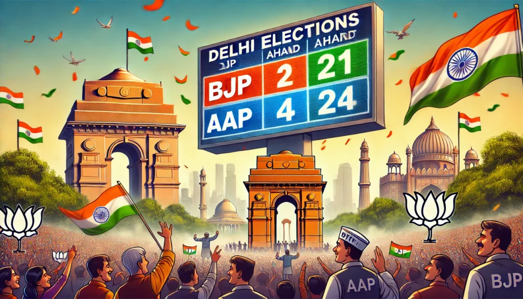 DALL·E 2025 02 08 10.46.27 A digital illustration showing the Delhi election results with BJP leading. The image includes a large scoreboard displaying BJP ahead with AAP strug