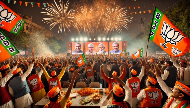 DALL·E 2025-02-09 10.22.19 - A celebratory scene of Bharatiya Janata Party (BJP) members celebrating a historic election victory in Delhi. The image captures party workers and sup