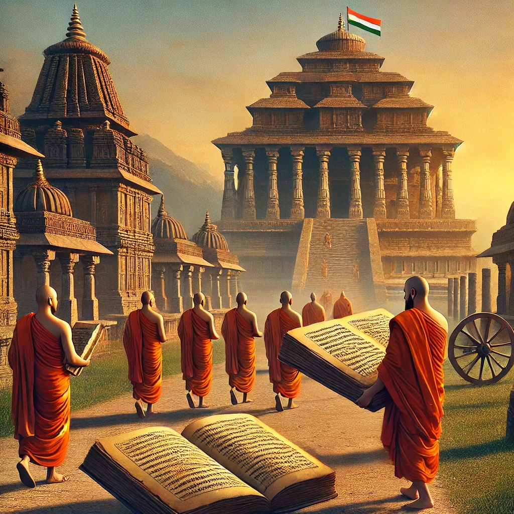 DALL·E 2025 02 10 18.35.23 An artistic depiction of ancient Buddhist scriptures being returned to India. The image shows monks in traditional orange robes carrying old palm leaf