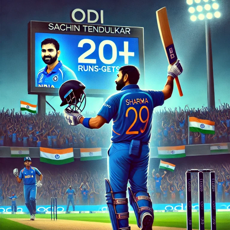 DALL·E 2025-02-10 19.29.42 - A digital illustration of Rohit Sharma celebrating his century in an ODI match, raising his bat in triumph. In the background, a scoreboard displays h