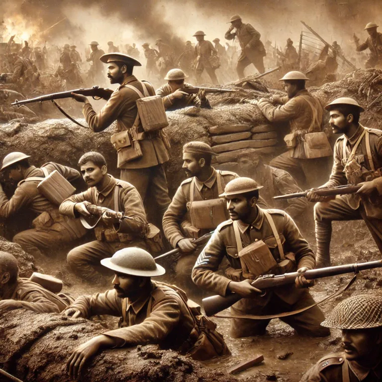 DALL·E 2025-02-13 10.28.14 - A historical scene from 1914 depicting Indian soldiers in World War I. The image shows Indian soldiers in British military uniforms, fighting in the m
