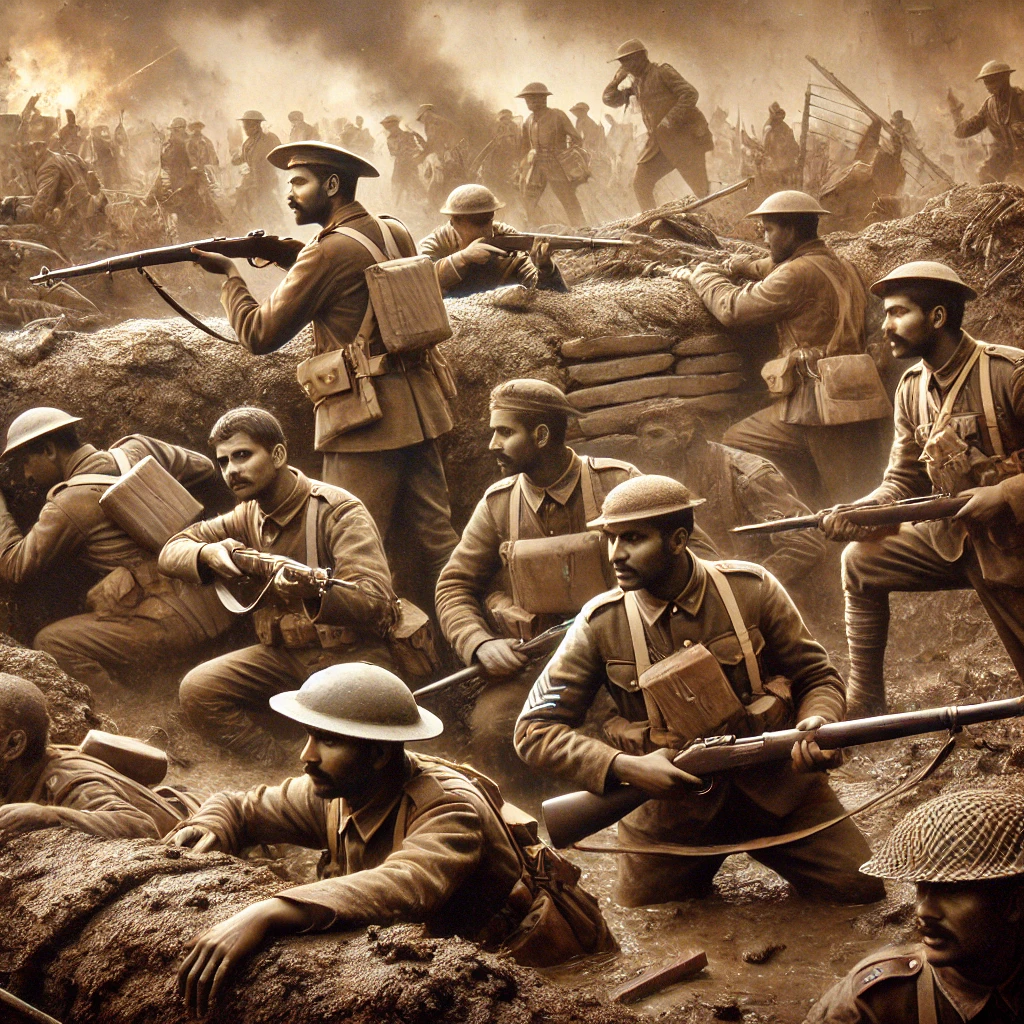 DALL·E 2025 02 13 10.28.14 A historical scene from 1914 depicting Indian soldiers in World War I. The image shows Indian soldiers in British military uniforms fighting in the m