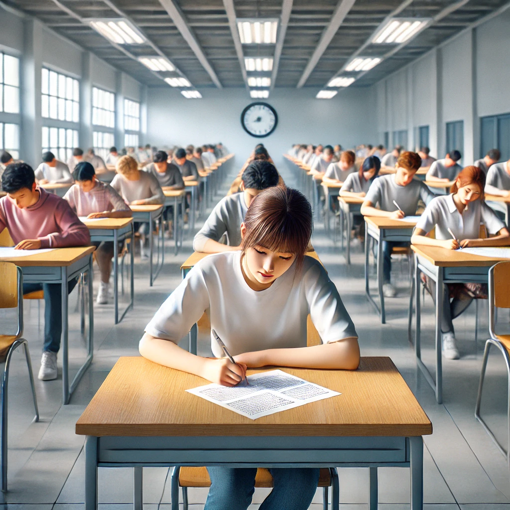 DALL·E 2025 02 15 20.21.35 A realistic digital illustration of students sitting in an exam hall writing on their answer sheets. The hall is well lit with rows of desks arrange