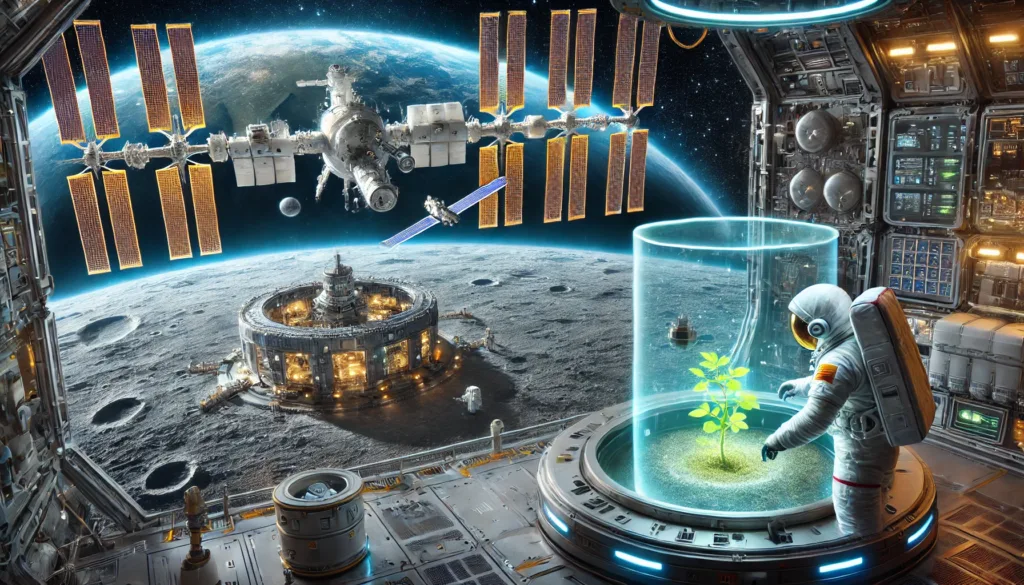 DALL·E 2025 02 18 10.16.47 A futuristic space scene showcasing Chinas Tiangong space station orbiting Earth. A Chinese astronaut is conducting an experiment inside the station