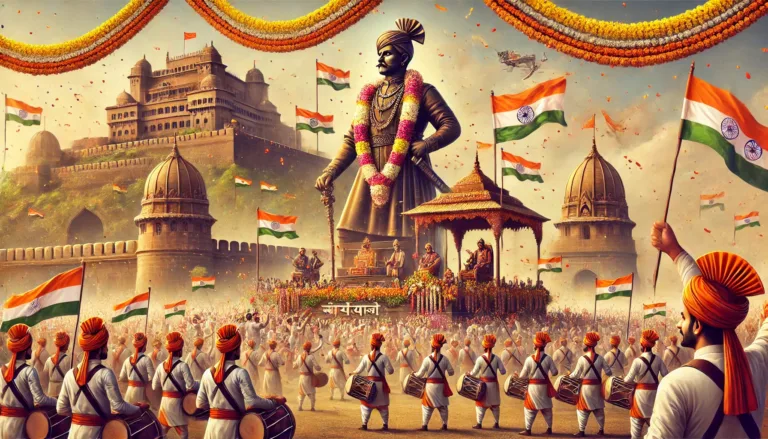 DALL·E 2025-02-19 08.41.08 - A tribute to Chhatrapati Shivaji Maharaj Jayanti 2025. The image features a grand celebration in Maharashtra with people waving saffron flags, a large