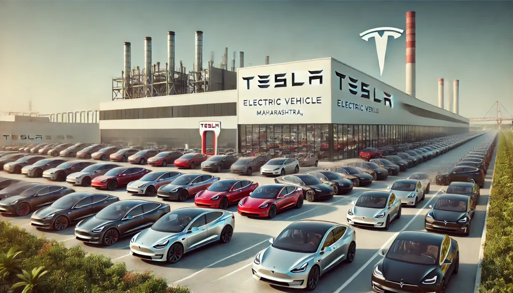DALL·E 2025 02 19 09.14.38 A Tesla electric vehicle EV manufacturing plant in Maharashtra India. The modern factory is large and high tech with Teslas logo displayed promin