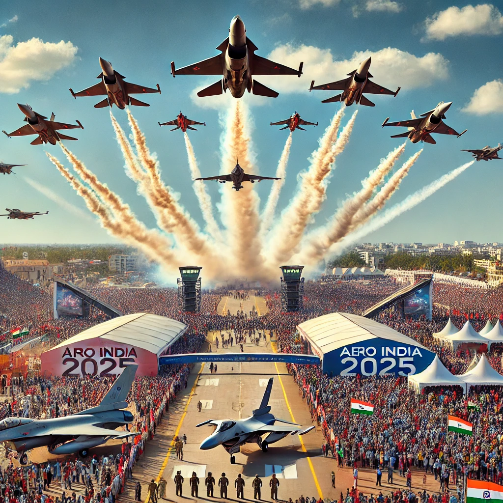 DALL·E 2025 02 21 10.59.25 A grand air show at Yelahanka Air Force Station Bengaluru featuring modern fighter jets performing aerial maneuvers. The scene includes a large crow