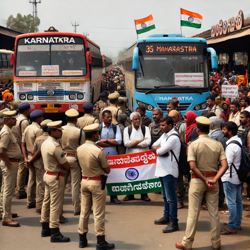 DALL·E 2025 02 25 11.43.02 A tense scene at a bus station in Belagavi India showing halted Karnataka and Maharashtra state buses. Police officers are present monitoring the s