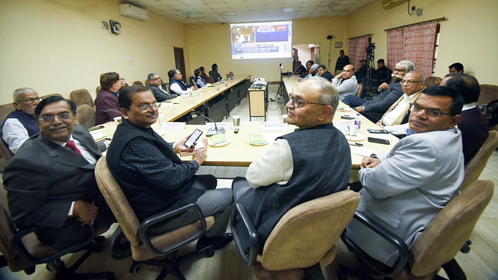 Industrialists watch Union Budget 2025 on a TV projector at Bihar Industries Association BIA in Patna on Saturday. ANI